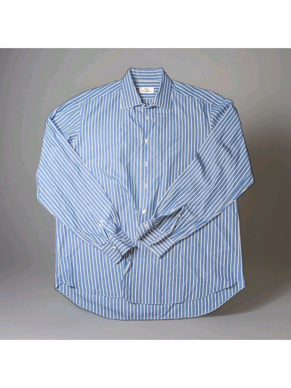 Fray Neiman Marcus Dress Shirt Blue Stripe Large 17.5 Italy Cotton